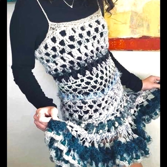 CROCHETED RUFFLE MINI DRESS WITH SPAGHETTI STRAPS - Picture 3 of 14